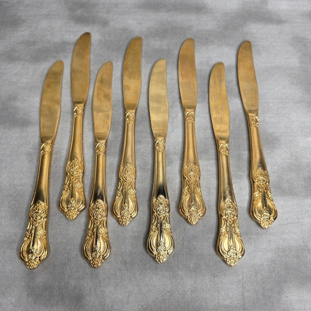 (X8) Hanford Forge Princeton Gold Electroplate Dinner Knives 8.5" Vtg